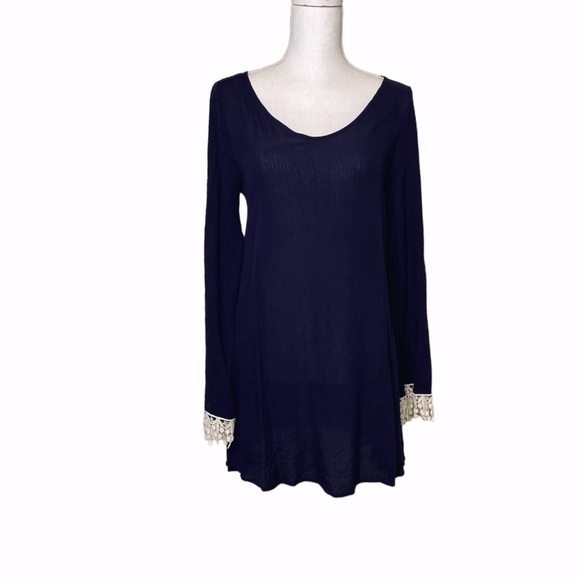 Iris Los Angeles Crochet trim Boho Beach Cover Up Size Small Bell Sleeve Blue - Picture 4 of 11